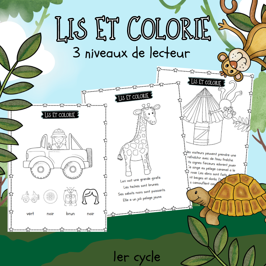Lis et colorie (3 niveaux de lecteur) Safari